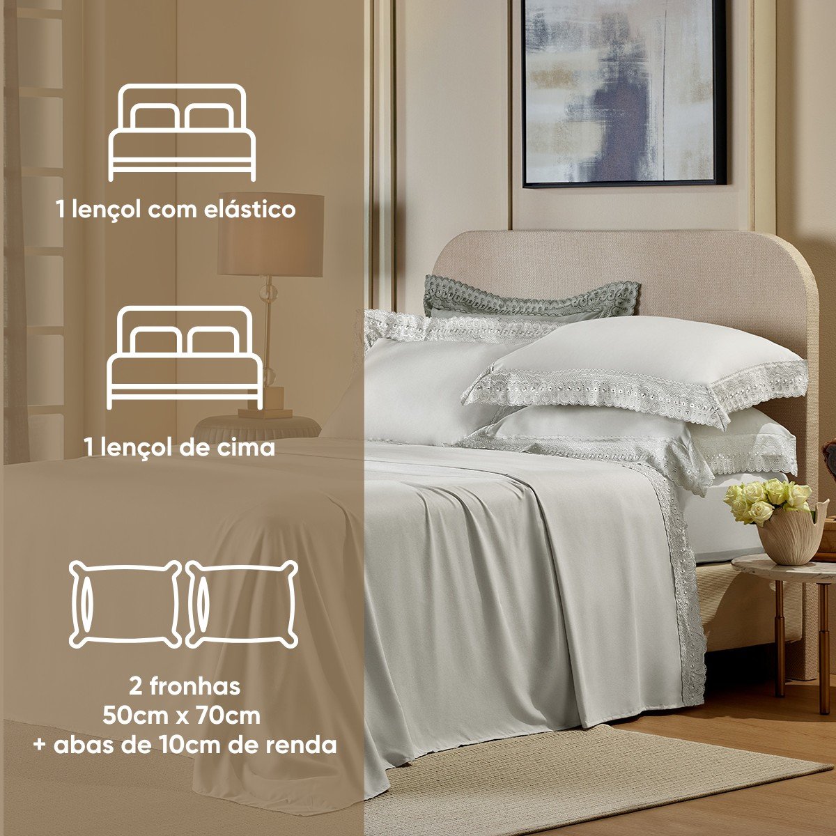 Jogo de Cama Casal Bordado inglês Premium Appel Home - Branco