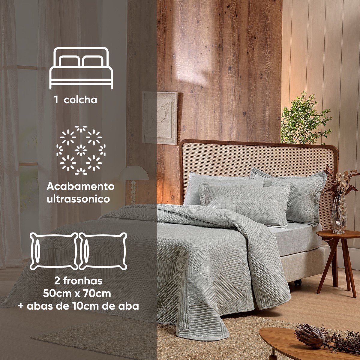 Kit Colcha Queen com 2 Porta Travesseiro Linenn Appel Home - cinza